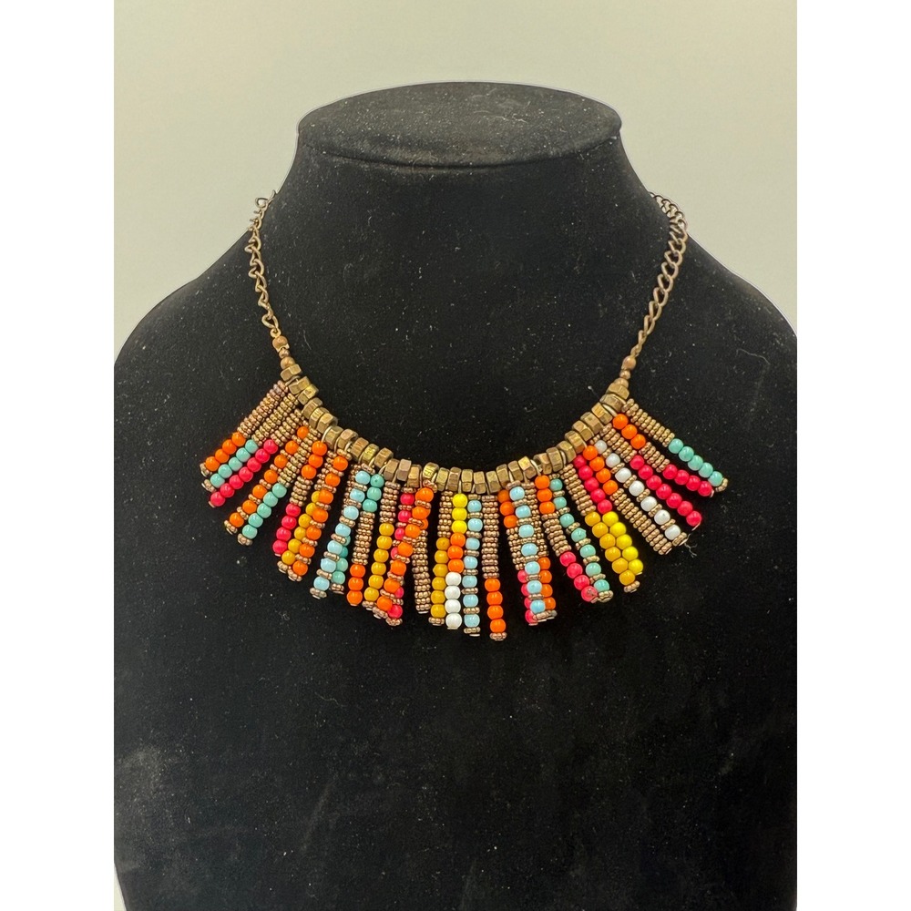 Boho Multi Color Seed Bead Bib Fringe Statement Necklace Antique Brass Tone